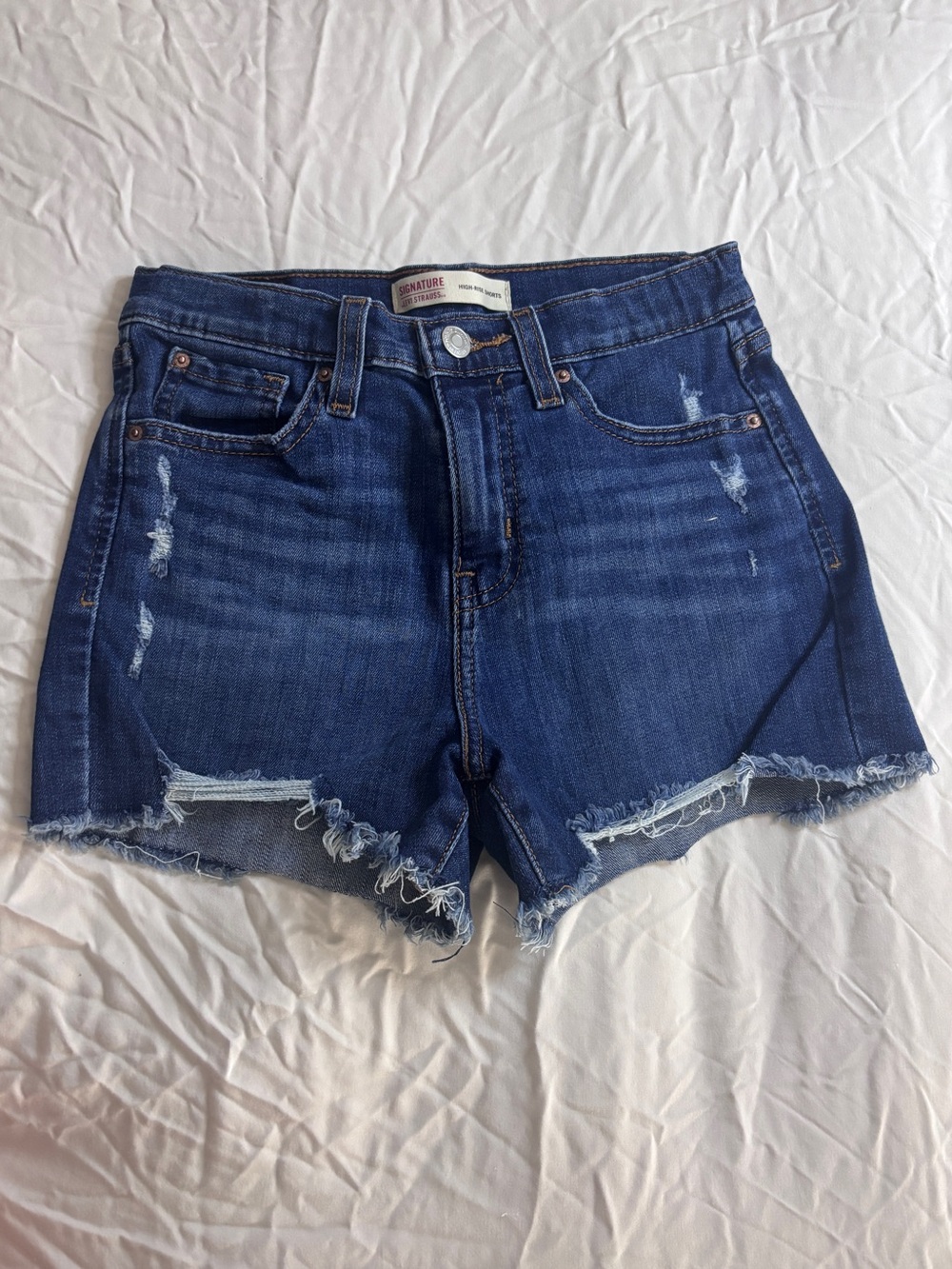 Signature by Levi Strauss Dark Indigo Distressed Denim Cutoff Shorts